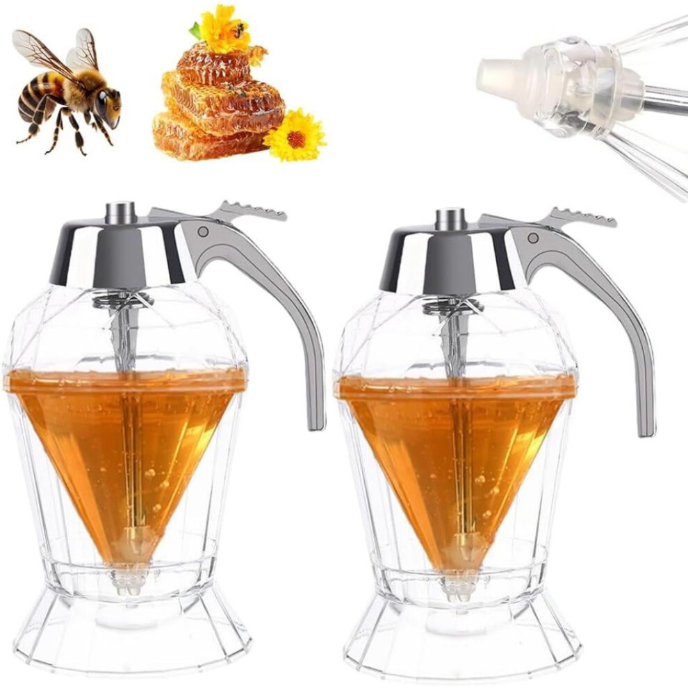 No-Drip Honey Dispenser Glass Jar with Stand, Maple Syrup Dispenser, Honeycomb Design – 2PCS