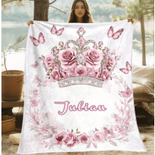 Personalized Floral Crown Flannel Blanket – Custom Name, Pink Rose & Butterfly Design, Soft Lightweight All-Season | Compatible with Home, Sofa,