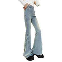 Flared Denim Jeans for Young Ladies - Distressed Hem Bootcut Pants, Cozy Casual Trousers with Elastic Waist