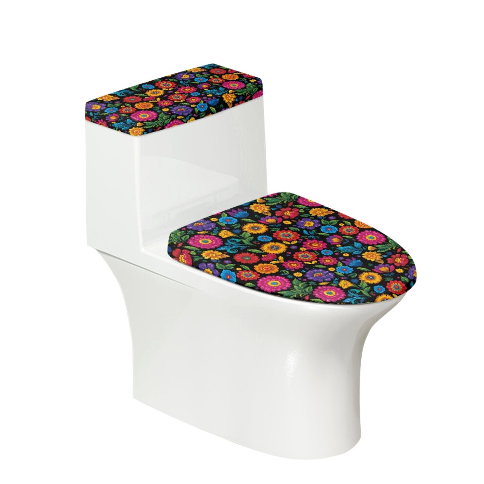 Colorful Flowers Toilet Lid Covers 2 Pieces Polyester Fabric Stretchy Fabric For Women 9485826731689