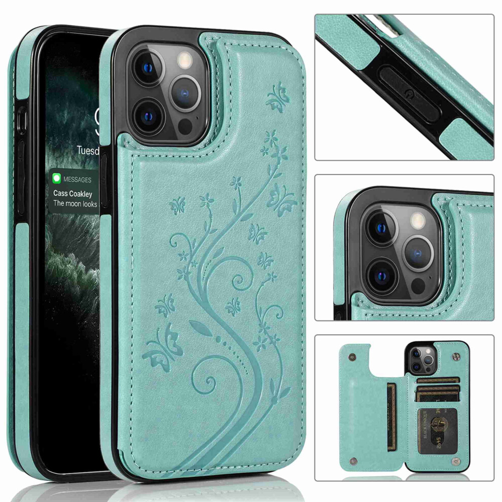 Compatible With Iphone 13 Pro Max Wallet Case Â Butterfly Flower Embossed Faux Leather Kickstand, Shockproof Slim Flip Case, Mint 9485826732839