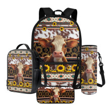 Rugzakset met Azteekse koe en zonnebloemprint, 4-in-1 voor kinderen – lunchtas, etui en waterfleshouder – geschikt voor schoolgebruik