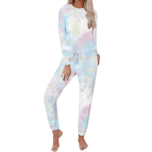 Piżama damska na lato, komplet damski, letnia odzież domowa: nadruk tie-dye, długi rękaw, dwuczęściowy komplet piżamy damskiej