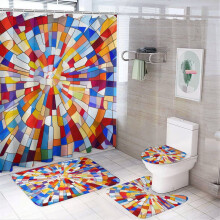Ensemble de douche 4 pièces avec rideau, tapis antidérapant, couvre-abattant de toilette et tapis de bain – Motif abstrait rose/orange
