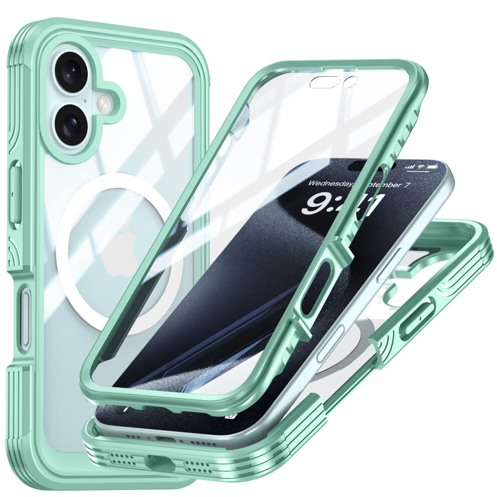 Compatible With Iphone 16 Case, Magsafe-Compatible Rugged Clear Bumper With Built-In Screen Protector Â Green 9193271940517