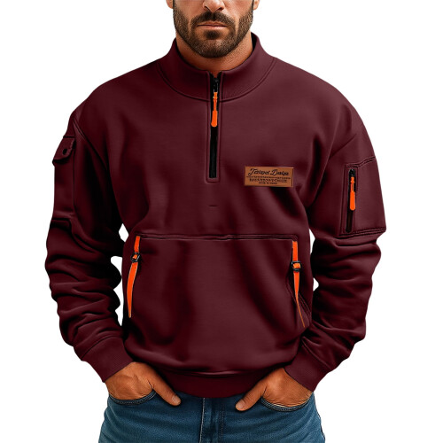 Ανδρικό Φούτερ με Κουκούλα και Πολλαπλές Τσέπες - Casual Πουλόβερ - Μπορντό - Μέγεθος L 1