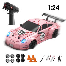 Coche teledirigido de derrape para niños con 2 neumáticos y baterías, coche de carreras teledirigido 4x4 con luces para mayores de 3 años (rojo).