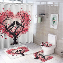 Valentine's Day Love Tree Shower Curtain Set (4-Pc), Farmhouse Waterproof Bath Set with Rug, Compatible with Standard Bathtub