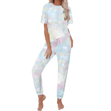 Piżama damska na lato, komplet bielizny damskiej: nadruk tie-dye, bluzka z krótkim rękawem i spodnie z elastycznymi mankietami. Zestawy piżam