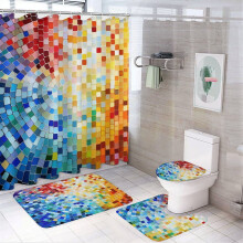 Colorful Square 4-Pc Shower Curtain Set with Rugs, Exotic Geometry, Waterproof – Compatible with Standard Bathtubs