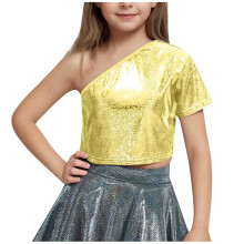 Girls One-Shoulder Short-Sleeve Sequin Crop Top