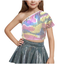 Girls One-Shoulder Short-Sleeve Sequin Top Summer Sparkly