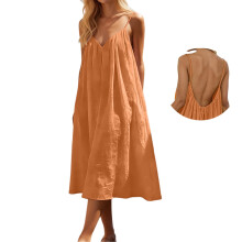 Women's Backless V-Neck Cami Dress Orange Mid-Length