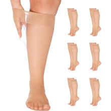 Plus Size Sheer Knee High Socks Nylon Super Wide Trouser Stockings 6 Pairs(Natural)