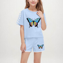 Butterfly and Checkered Sleeve Outfit Sets for Girls Boys - Soft Breathable Summer 2-Piece Shorts and Top, Ages 5-14, Sky Blue