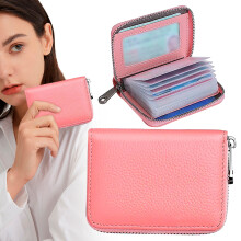 Leather RFID-Blocking Credit Card Holder Wallet, Multi-Slot Lightweight Large-Capacity Accordion Case with Zipper, Compatible with All Standard Cards