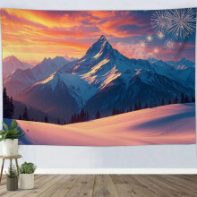 Nature Snow Mountain Landscape Tapestry, Winter Fireworks Show Wall Art for Bedroom, Living Room, Dorm, or Apartment Decor - 90x60in