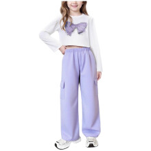 Purple Girls 2 Piece Set | Long Sleeve Cropped Top & Wide Leg Cargo Pants Outfit | Soft Stretch Play Clothes for Age 3-14,Size 5-6 T