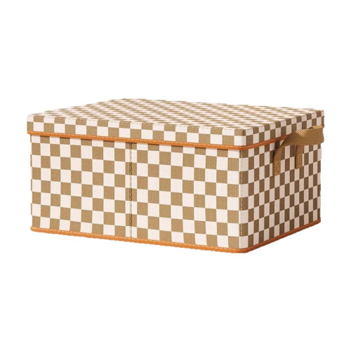 Fabric Storage Box with Lid, Brown/White Square Cloth Bin for Clothes, Foldable Wardrobe Organizer