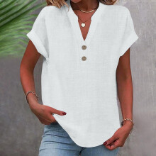 Women's Polyester V-Neck Button-Up Blouse White 2XL