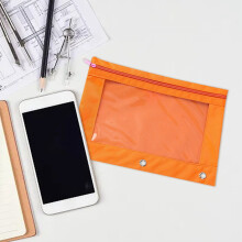 Transparent 3-Hole Pencil Case with Zipper, Large Capacity, Orange, 9.84x7.08'', compatible with standard binders