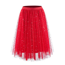 Damenmode Pailletten Minirock mit elastischem Bund und Puffärmeln, Rot, Größe L