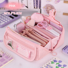 Minimalist Large Pencil Case – Japanese/Korean Style, Water-Resistant, Multi-Compartment, Zipper, Pink