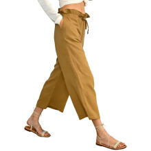 Damskie bawełniane spodnie capri w kolorze khaki, luźne, z kieszeniami
