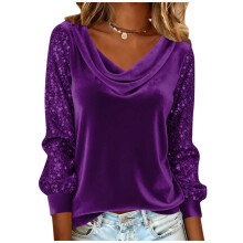 Lila Pailletten-Samtbluse für Damen, langärmlig, mit Wasserfallausschnitt, ideal für festliche Anlässe, Dinner-Dates und besondere Anlässe.