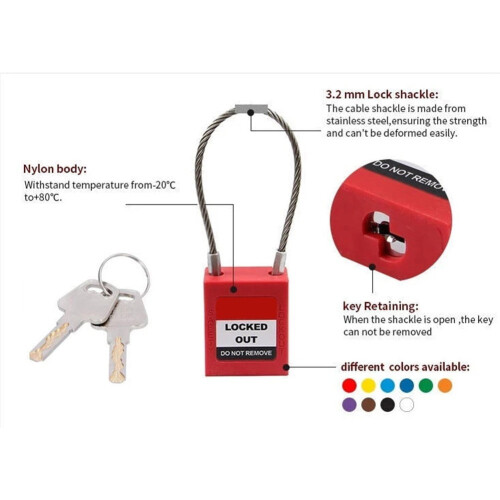1pc Compact cable padlock with 2 keys long shackle safety lock different locking 2