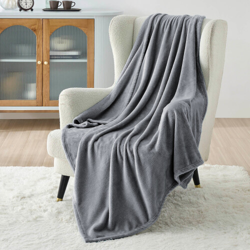 (Grey, Double: 150 cm x 200 cm.) Solid 310 GSM Fleece Blanket Warm Thick Soft Fluffy Bed Mink Sofa Throw