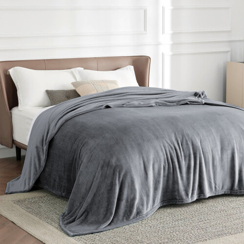 (Grey, Single: 130 cm x 150 cm.) Solid 310 GSM Fleece Blanket Warm Thick Soft Fluffy Bed Mink Sofa Throw 2