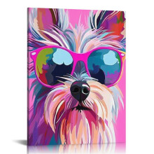 Rainbow Yorkie Canvas Wall Art Print – Colorful Dog Poster, 12x16 in, Puppy Decor for Bedroom