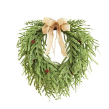 Couronne de Noël en pin de Norfolk en forme de cœur (50 cm), aspect réaliste, avec nœud en toile de jute, pour porte d'entrée, fenêtre,