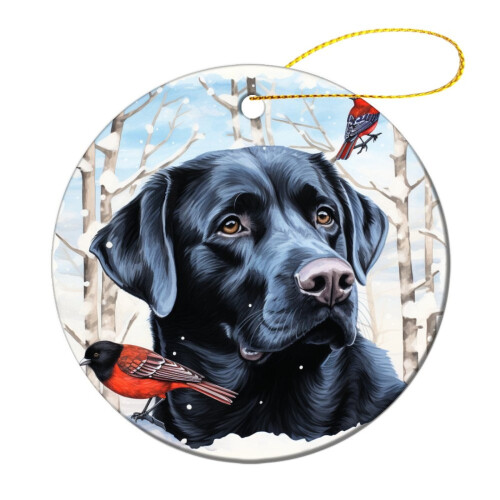 Black Lab Christmas Ornament Red Bird Design 3 Inch Flat