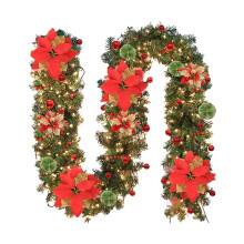 2,7 m lange Tannenzweig-Weihnachtsgirlande mit roten Blüten und Beeren – Dekoration für drinnen und draußen, für Tisch, Kaminsims, Kamin, Wand