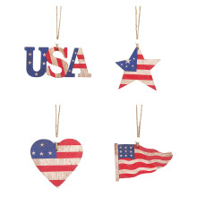 4pcs 4th of July Ornaments – Red, White & Blue Flag/Heart Wooden Decorations for Tree, Home, Memorial Day – Compatible with US Holidays