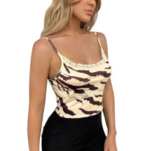 Breathable Women Cami Crop Tops Soft And Comfortable Fabric Contrast Lace Lettuce Trim Adjustable Spaghetti Strap Sleeveless Leopard Print Camisoles