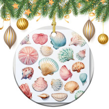 Ornement de Noël en céramique, coquillage de plage aquarelle, motif marin – Décoration ronde plate pour sapin, pour la famille, une sœur ou une