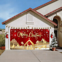 Gouden kerstgaragedeurhoes 16x7FT – Magnetisch en elastisch, geschikt voor standaard garagedeuren voor 2 auto's