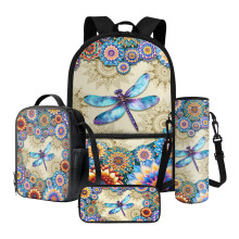 Ensemble de 4 sacs à dos scolaires pour enfants Dragonfly Boho Mandala : sac à dos, boîte à lunch isotherme, trousse et porte-bouteille –