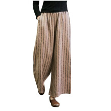 Spodnie w stylu retro z bawełny i lnu w paski, szerokie, damskie, cienkie, proste, codzienne, ściągane sznurkiem, z wysokim stanem i kieszeniami,