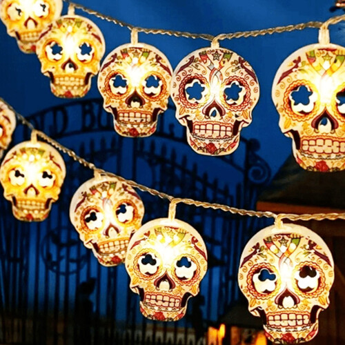 Φωτάκια σε σχήμα νεκροκεφαλής για το Halloween, 4,9 πόδια, 10 LED, Λειτουργούν με μπαταρία,