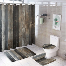 Ensemble de douche rayé brun/gris 4 pièces avec tapis, rideau de douche effet bois vintage, 12 crochets, 183 cm x 183 cm, compatible avec les