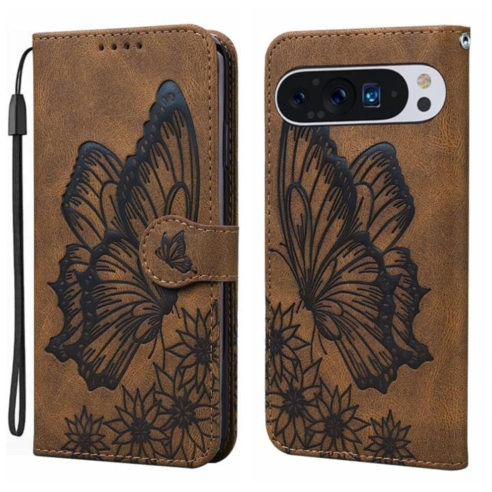 Pu Leather Flip Wallet Case For Google Pixel 10 Pro Xl & Pixel 9 Pro Xl (6.8"), Butterfly Embossed, Strong Magnetic Closure, Card Slots Â Brown 9180435348234