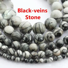 1 Strang runde Naturstein-Edelsteinperlen 4 mm 6 mm 8 mm 10 mm 12 mm, Los - Schwarzer Vein-Stein - 4 mm (90–93 Stück)