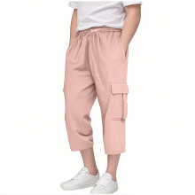 Girls Capri Pants Elastic Waist Straight Leg Drawstring for Kids Summer Pants with Pockets Pink 9-10 Years