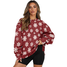 Damen-Sweatshirt mit Schneeflockenmuster, lockerer Rundhalsausschnitt, lang