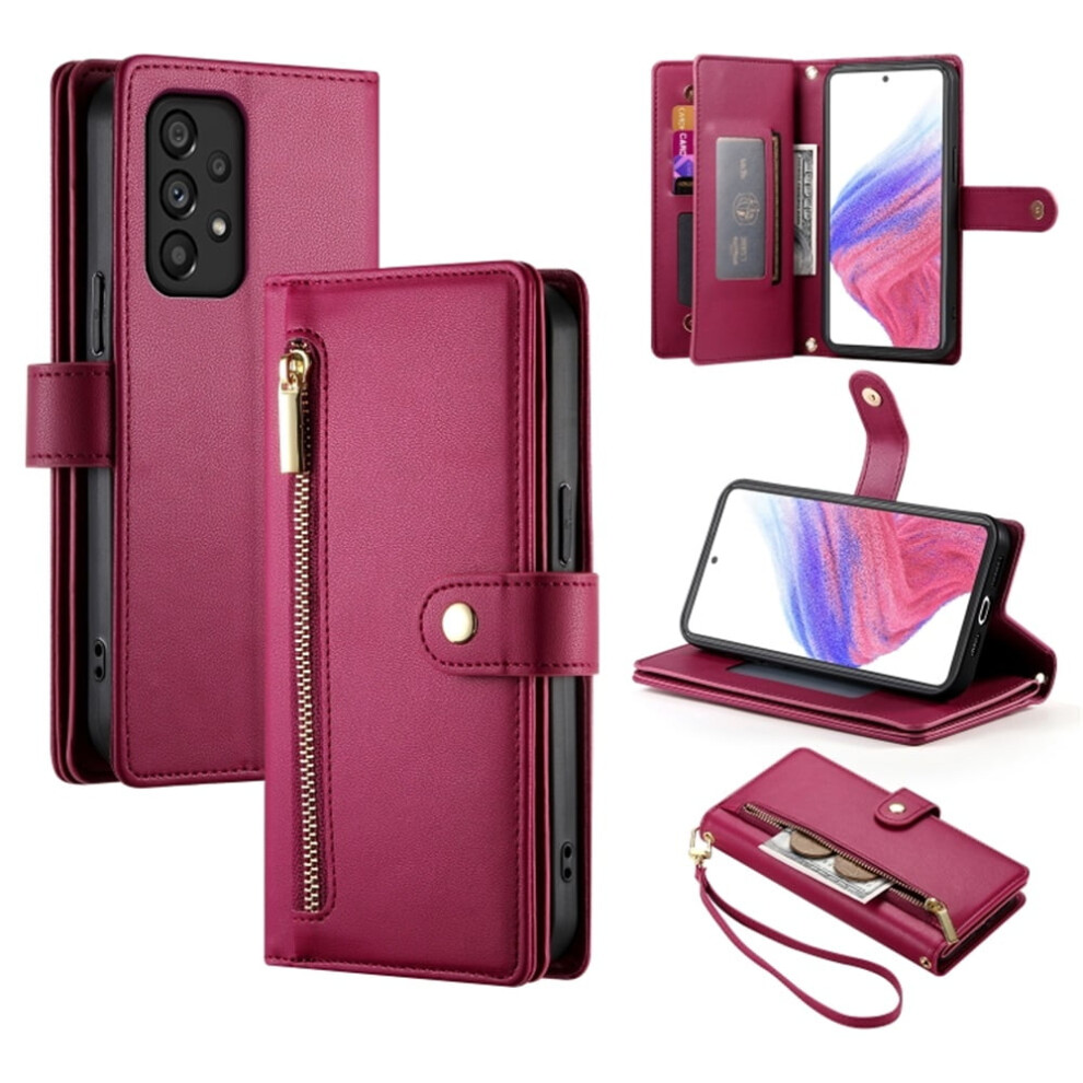 Leather Wallet Case For Samsung Galaxy A53 5G Â Multi-Card Slots, Zipper Pocket, Lanyard Strap, Wristlet Red 9180435352378