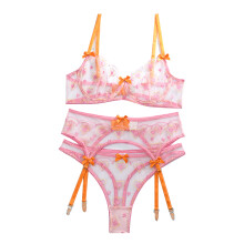 Garter Belt Lingerie Set With High Cut G-String Sexy Leaf Floral Embroidered Underwire Push Up Sheer Mesh Adjustable Straps Slim Fit For Intimate